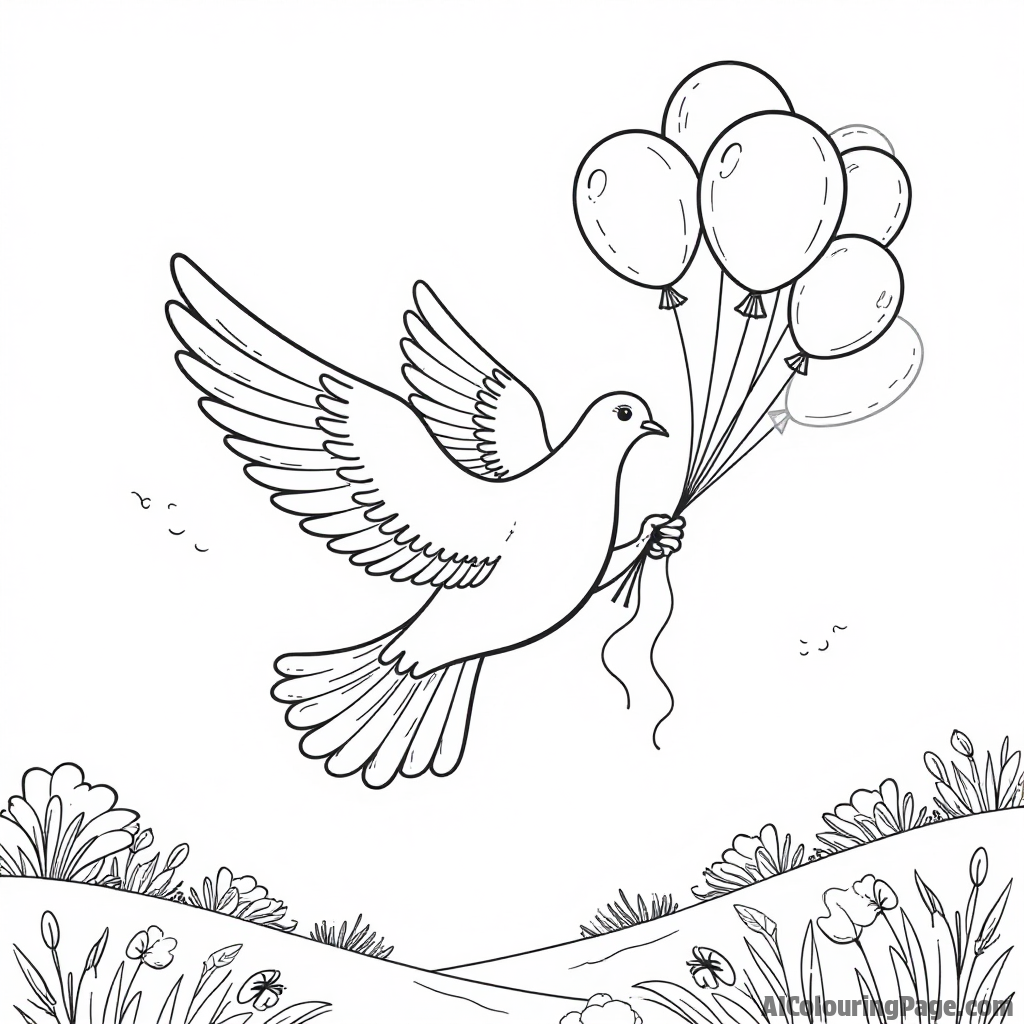 A dove with colorful balloons tied to its feet, floating in the sky above a cheerful landscape for children to enjoy.