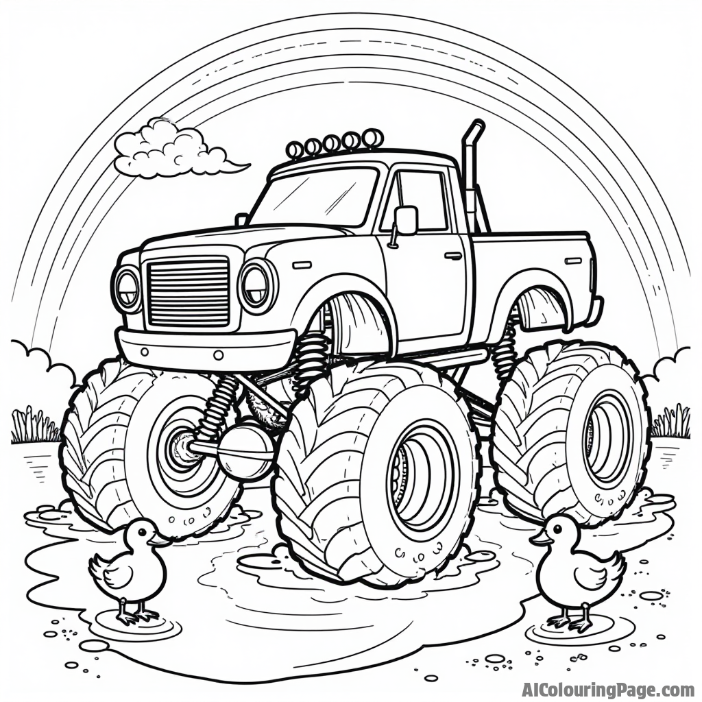 A monster truck with oversized wheels splashing through puddles, with playful ducks quacking nearby and a rainbow appearing in the sky, providing a delightful scene for coloring fun.