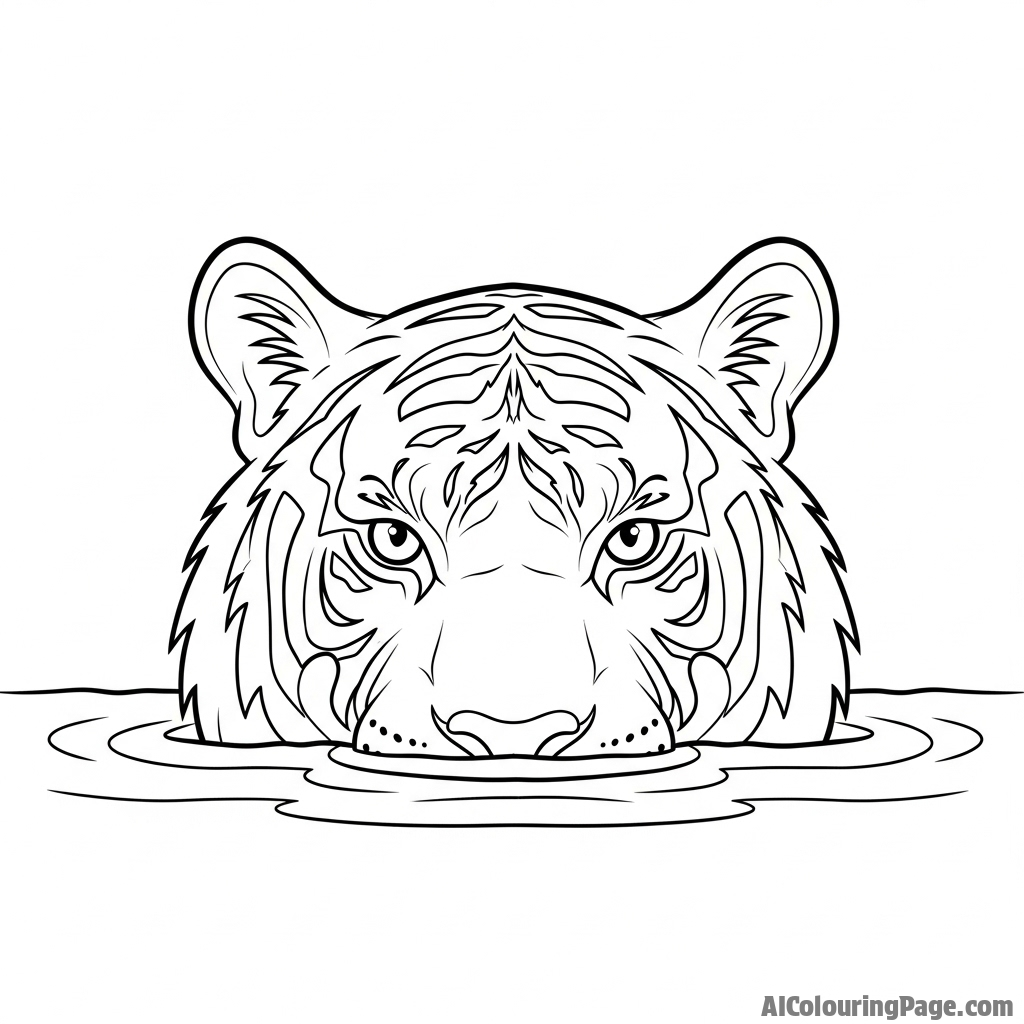 A tiger submerged in water, only its head and intense gaze visible above the surface.