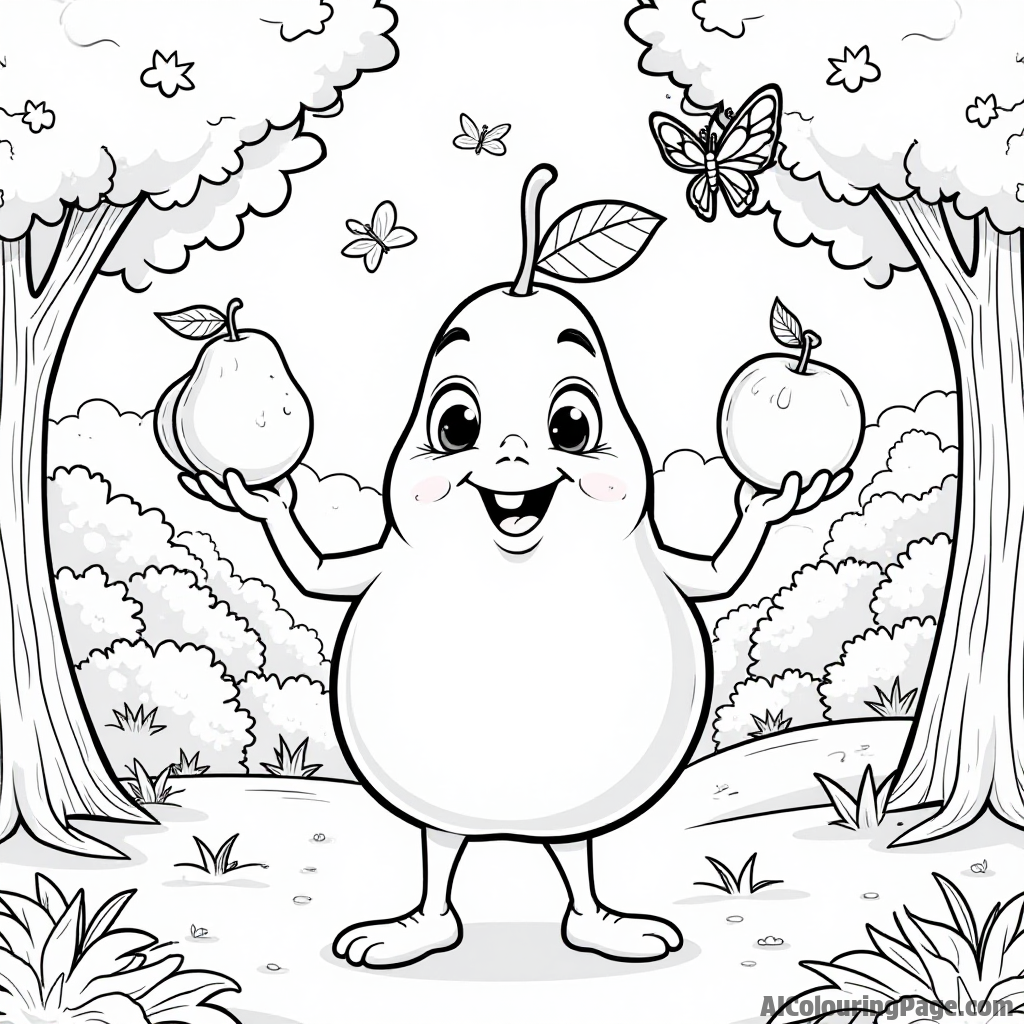 A happy pear character juggling three colorful fruits in a sunny orchard, surrounded by trees and butterflies for kids to color.