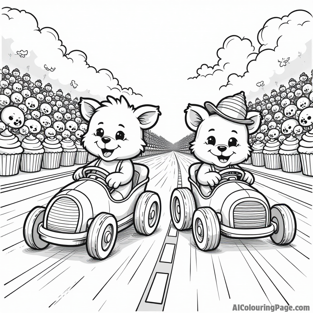 A cupcake race between animals driving cupcake cars, with a cheering crowd and a finish line decorated with cupcakes.