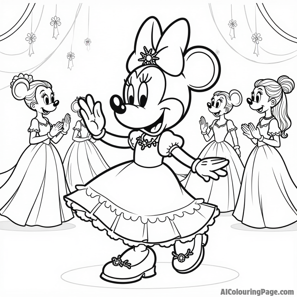 Minnie Mouse dancing at a ball, wearing a sparkling tiara, with twinkling lights and elegantly dressed friends around her