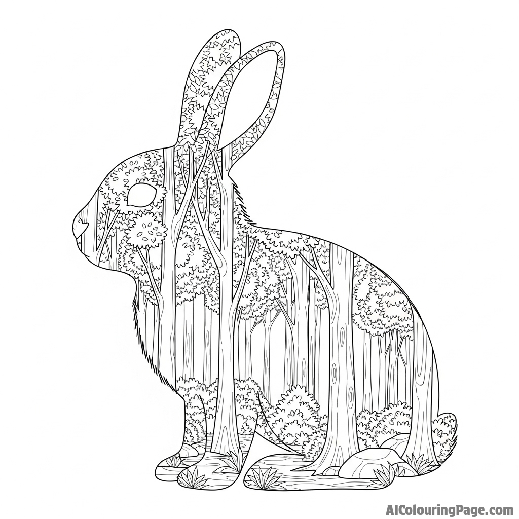 A double-exposure image combining a bunny's profile with a dense, textured forest landscape.