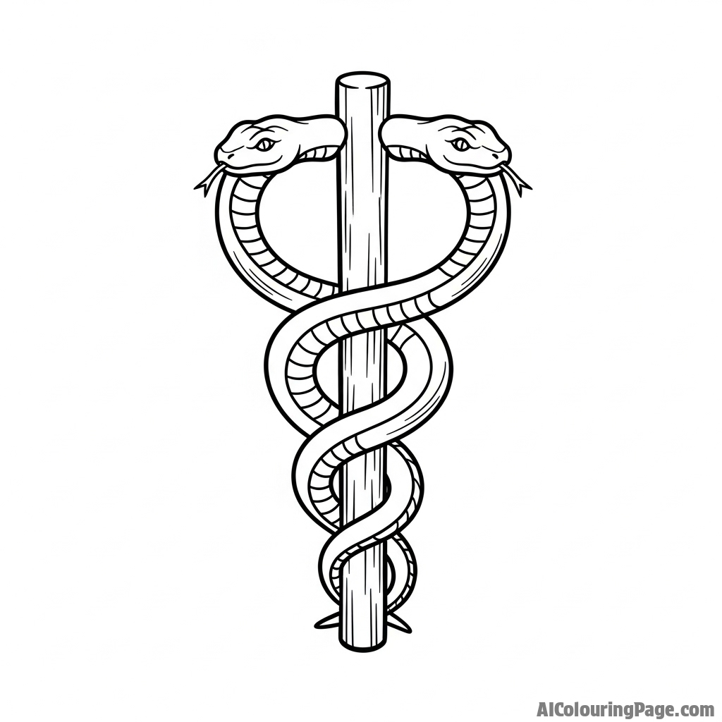 Two snakes entwined around a staff, the Rod of Asclepius, in a dramatic, high-contrast style.
