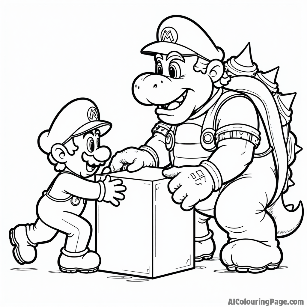 Mario and Luigi working together to lift a heavy block while a mischievous Bowser watches from afar.