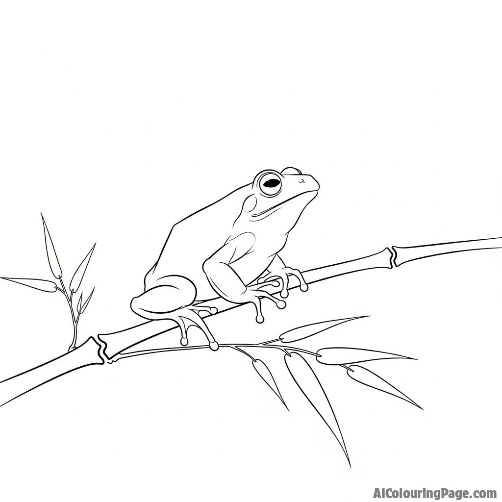A minimalist ink wash painting of a frog on a single stalk of bamboo.