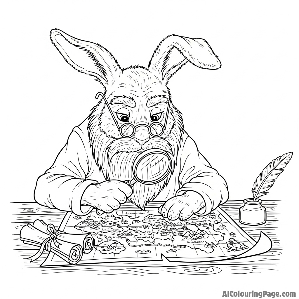 A wise, elderly rabbit with a long flowing beard, studying an old map.