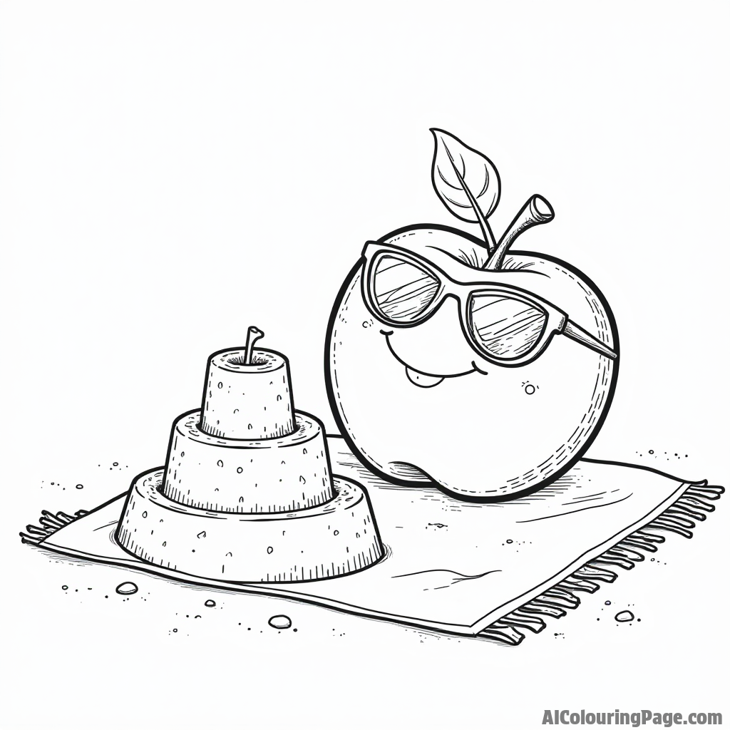 A happy apple with sunglasses relaxing on a beach towel, next to a sandcastle made of apple slices.