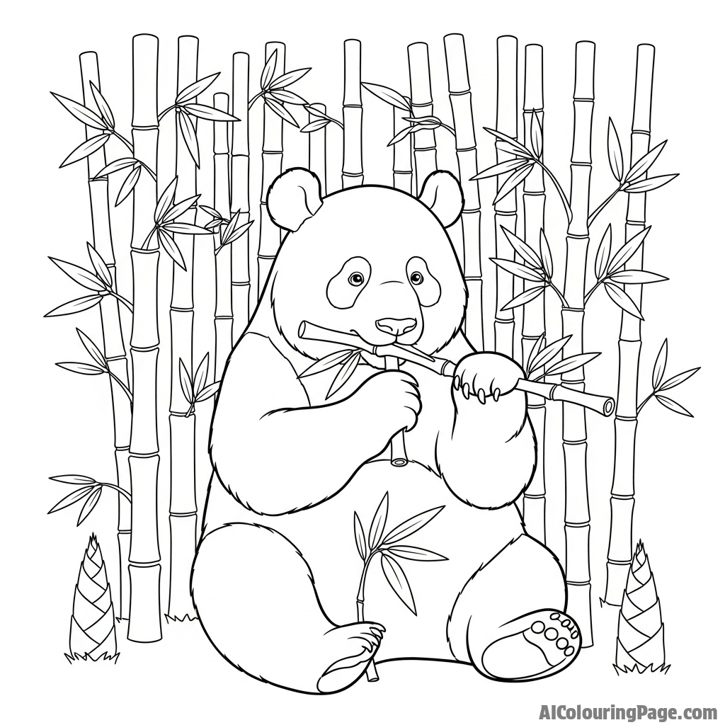 A giant panda peacefully eating bamboo shoots in a dense grove.