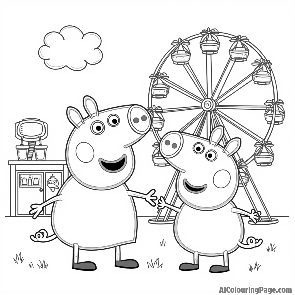 Peppa Pig having a fun day at the carnival, riding a ferris wheel with George Pig and winning prizes together.