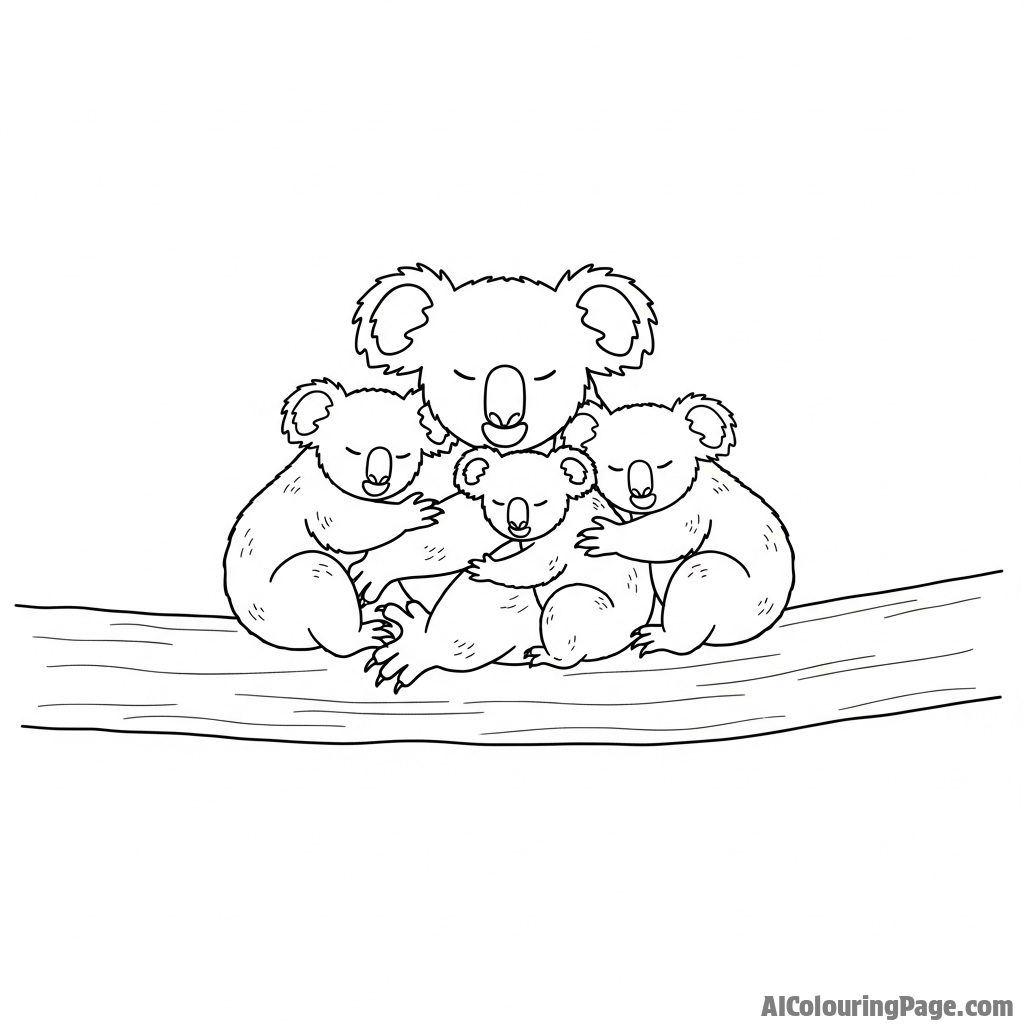 A family of koalas huddled together on a single branch during a cool night.