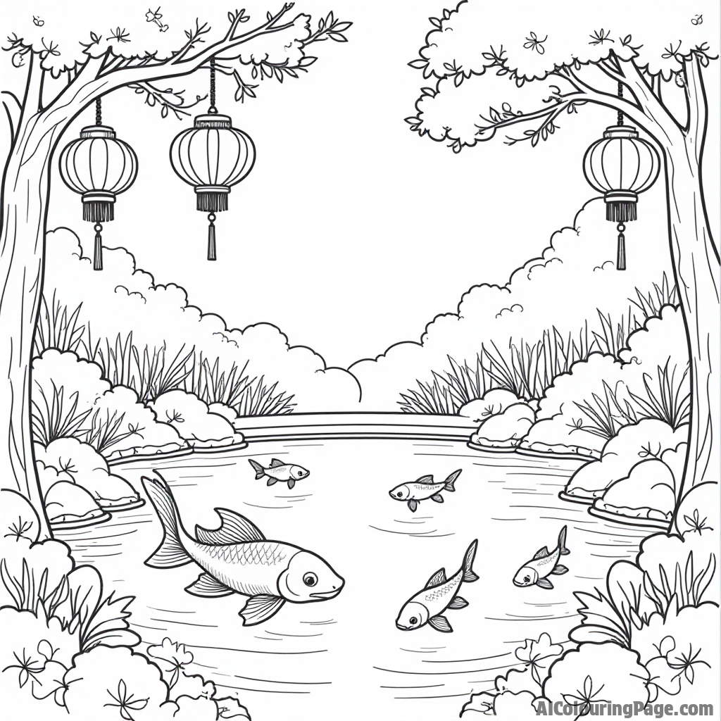 A serene garden with a koi pond, goldfish swimming around, and lanterns hanging from trees, symbolizing peace and good luck during the Chinese New Year celebrations for kids to color.