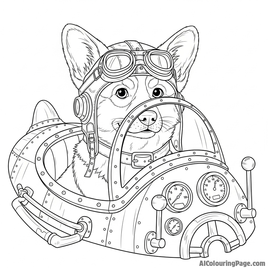 A steampunk corgi pilot with goggles and a leather helmet in a brass-fitted cockpit.