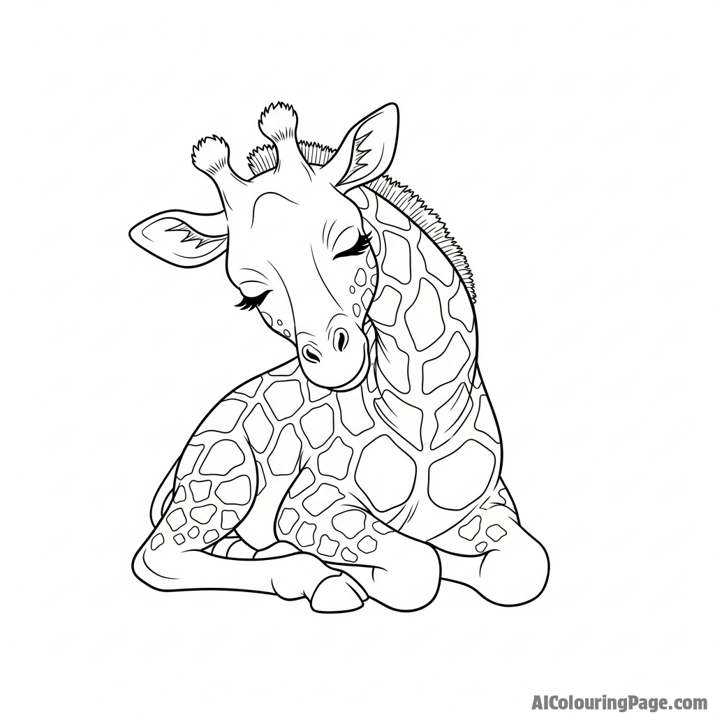 A quiet scene of a giraffe sleeping soundly while standing upright.