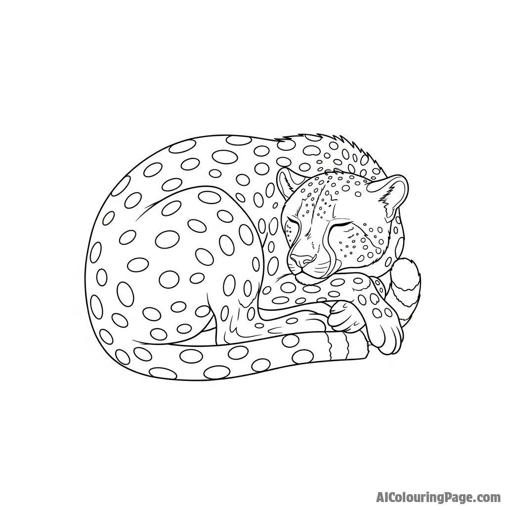 A serene scene of a cheetah sleeping soundly, curled up in a tight, protective ball.