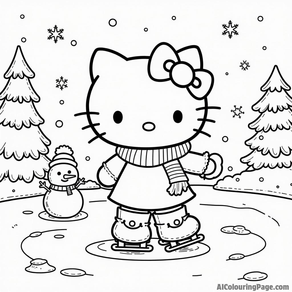 Hello Kitty ice skating on a frozen pond with a snowman and snowflakes falling from the sky