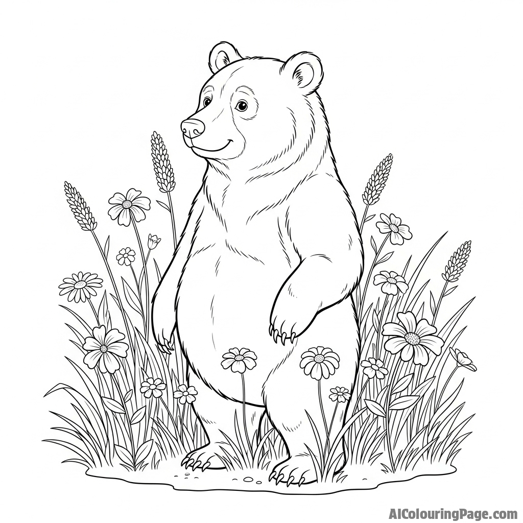 A watercolor painting of a bear standing in a field of wildflowers.