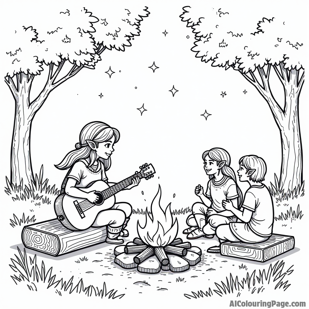 Zelda playing an instrument by a campfire, surrounded by friends, stars twinkling above, and trees swaying gently in the breeze