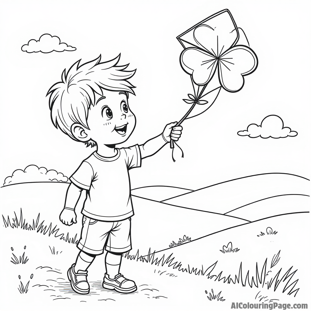 A young boy flying a kite shaped like a shamrock on a sunny day, with rolling hills in the background.