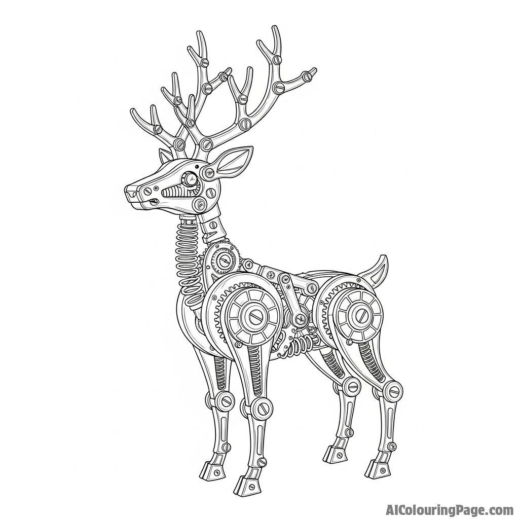 A mechanical deer constructed from clockwork gears and polished brass.