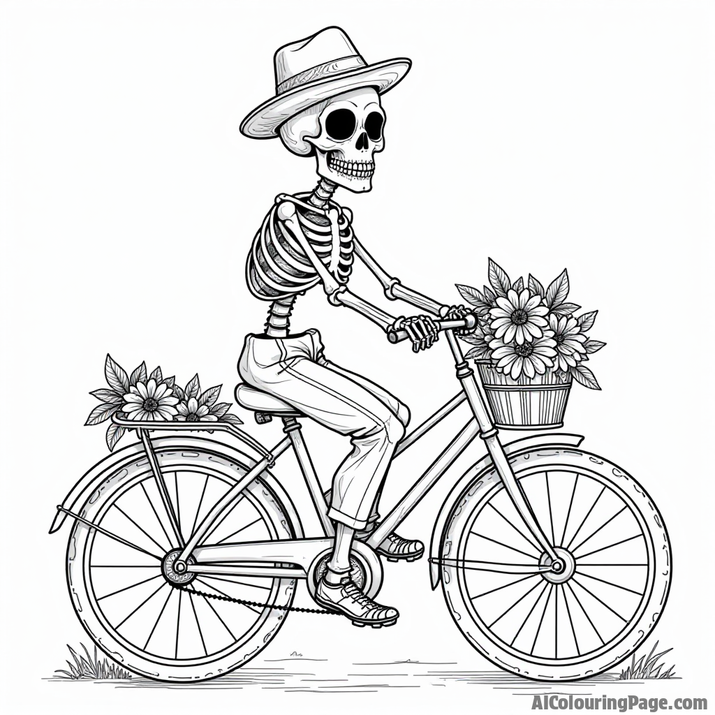 A cheerful skeleton riding a bicycle decorated with flowers and ribbons, enjoying the Day of the Dead festivities, inviting children to color and join in the celebration.