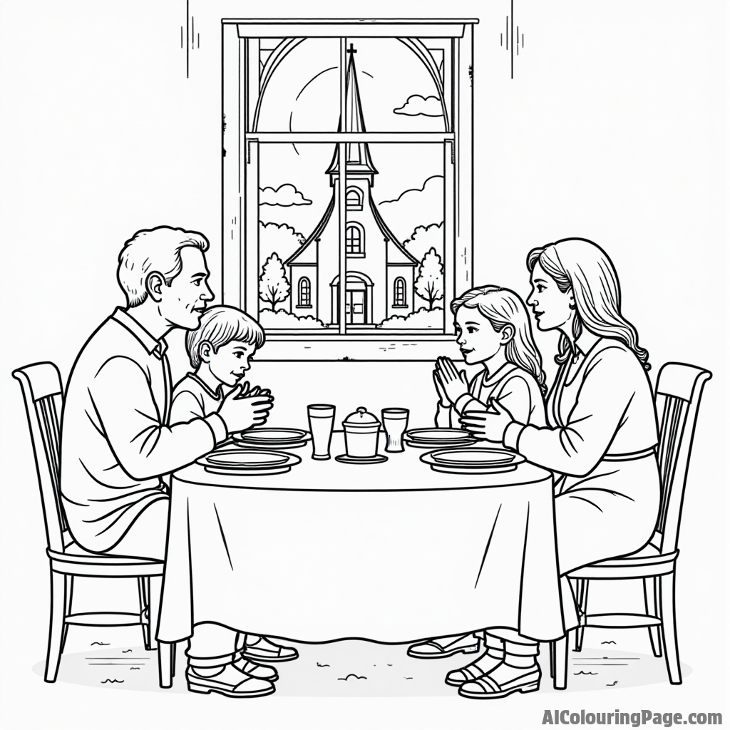 A family gathered around a dinner table saying grace, with a small church visible through the window in the background.