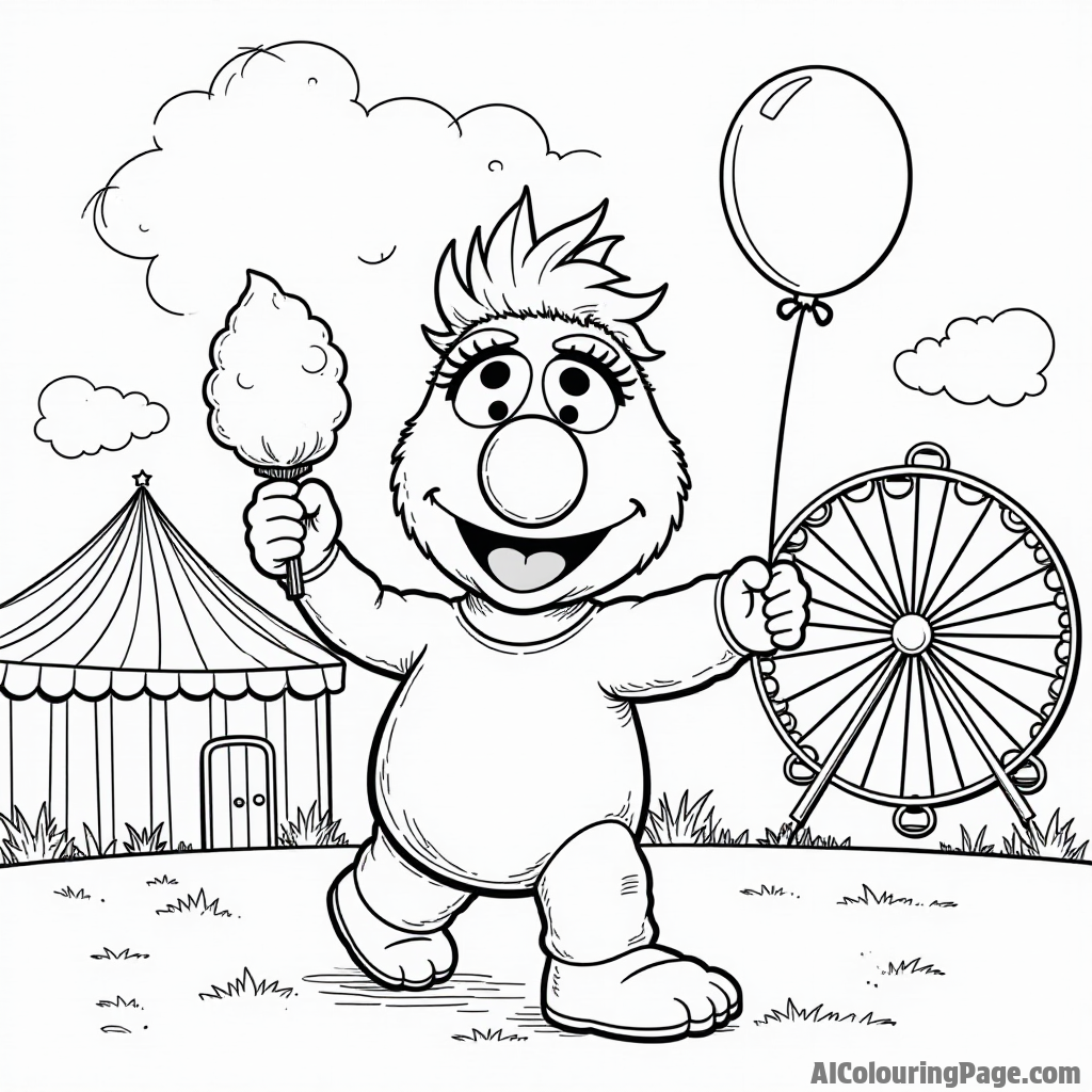 A Muppet baby enjoying a day at the carnival, with balloons, a Ferris wheel, and cotton candy in hand.