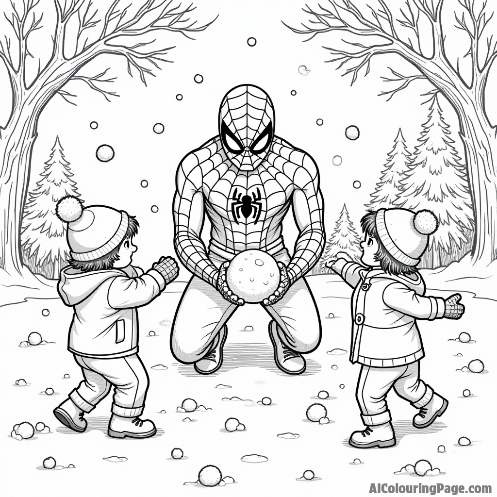 Spiderman having a snowball fight with kids, snowy landscape around, trees covered in snowflakes all around