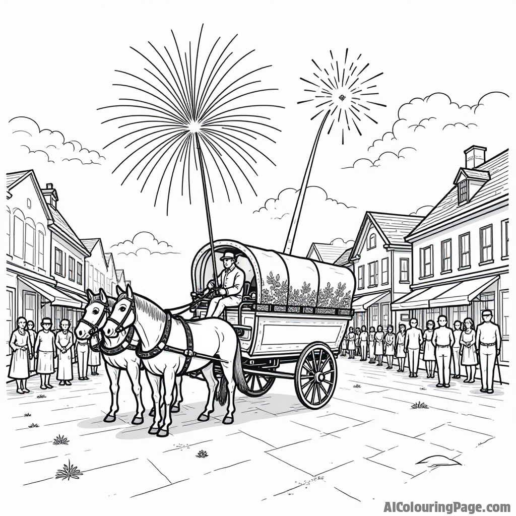 A historic wagon filled with fireworks, pulled by horses, set against a backdrop of a town square bustling with people celebrating the 4th of July.