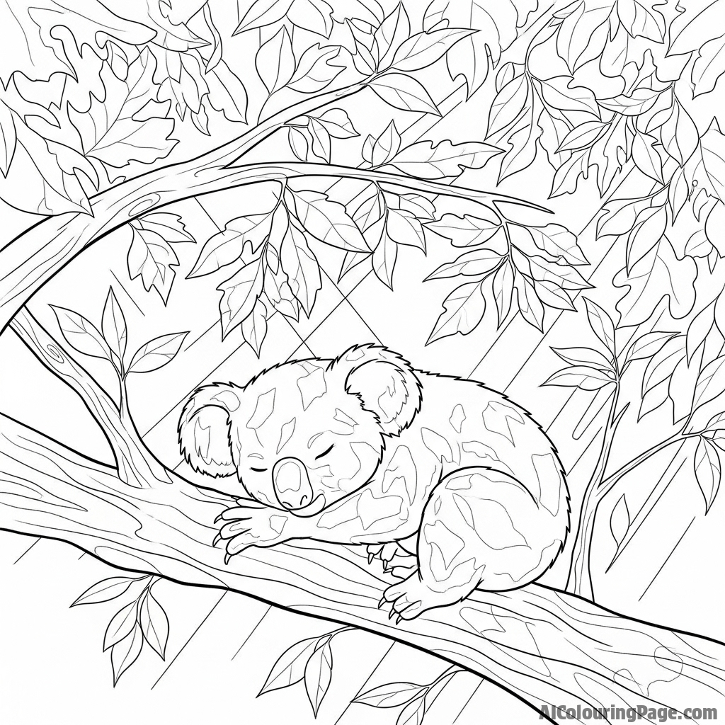 Sunlight filtering through a canopy of leaves, dappling a snoozing koala.