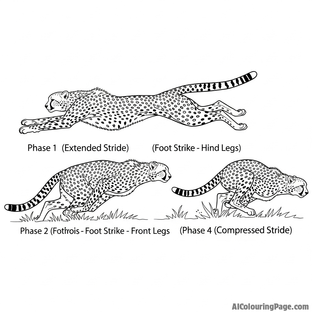 A photographic sequence capturing the distinct phases of a cheetah's running gait.