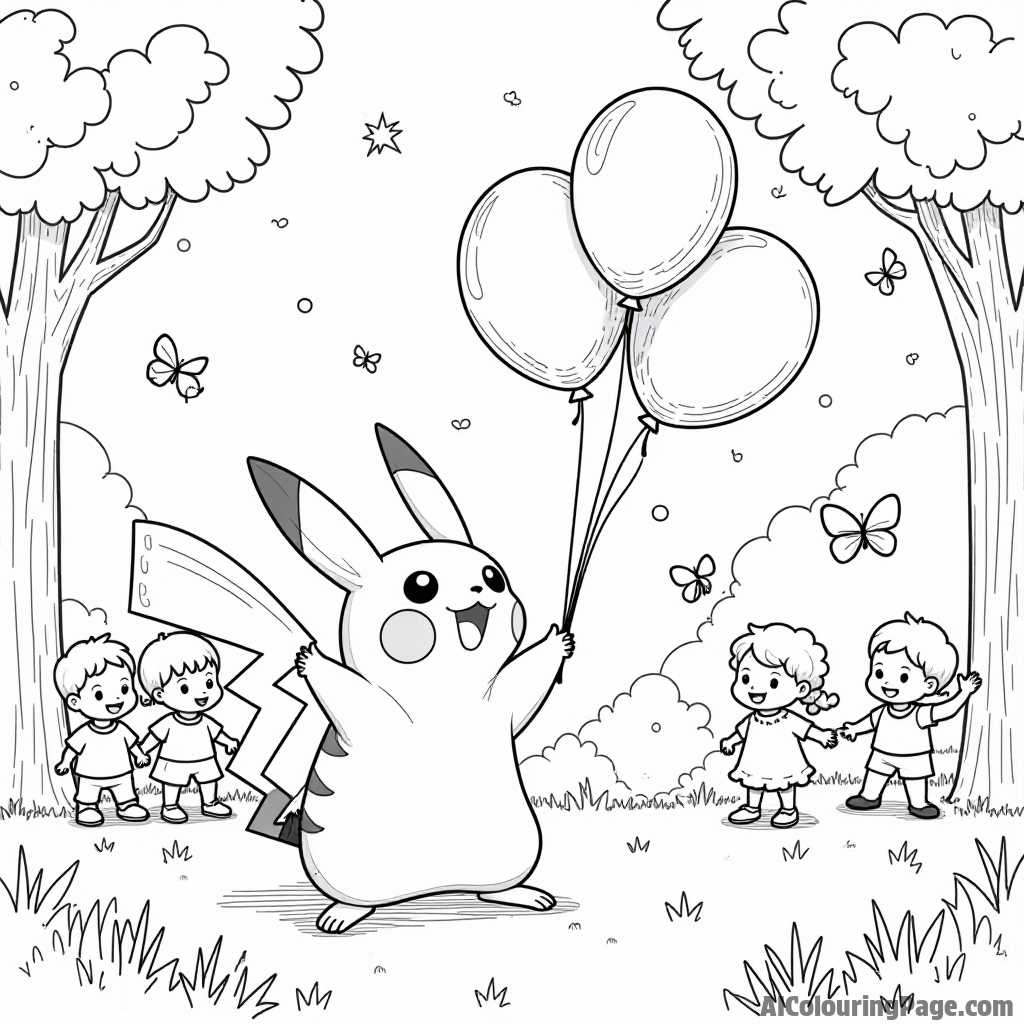 A Pikachu playing with a group of colorful balloons in a sunny park surrounded by happy children and butterflies.