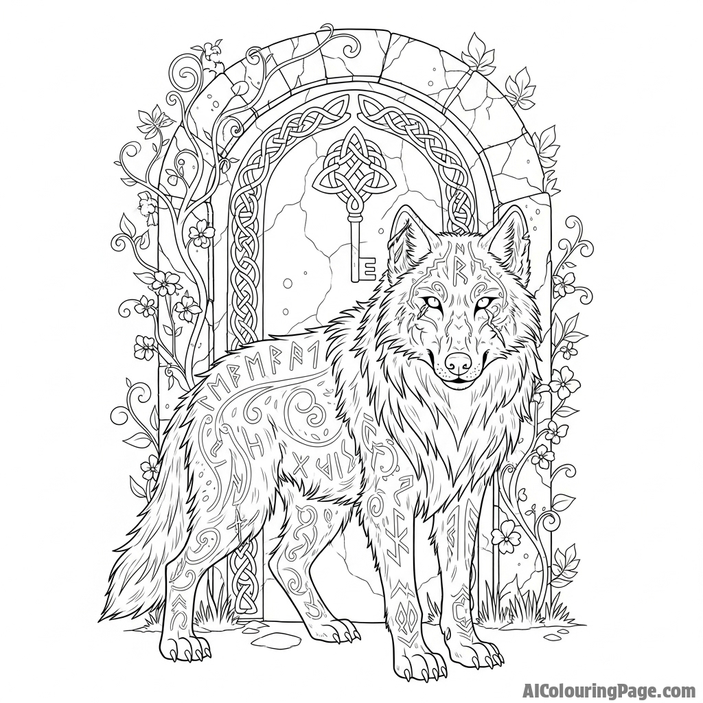 An ancient, battle-scarred wolf with glowing runes etched into its fur, guarding a stone portal.
