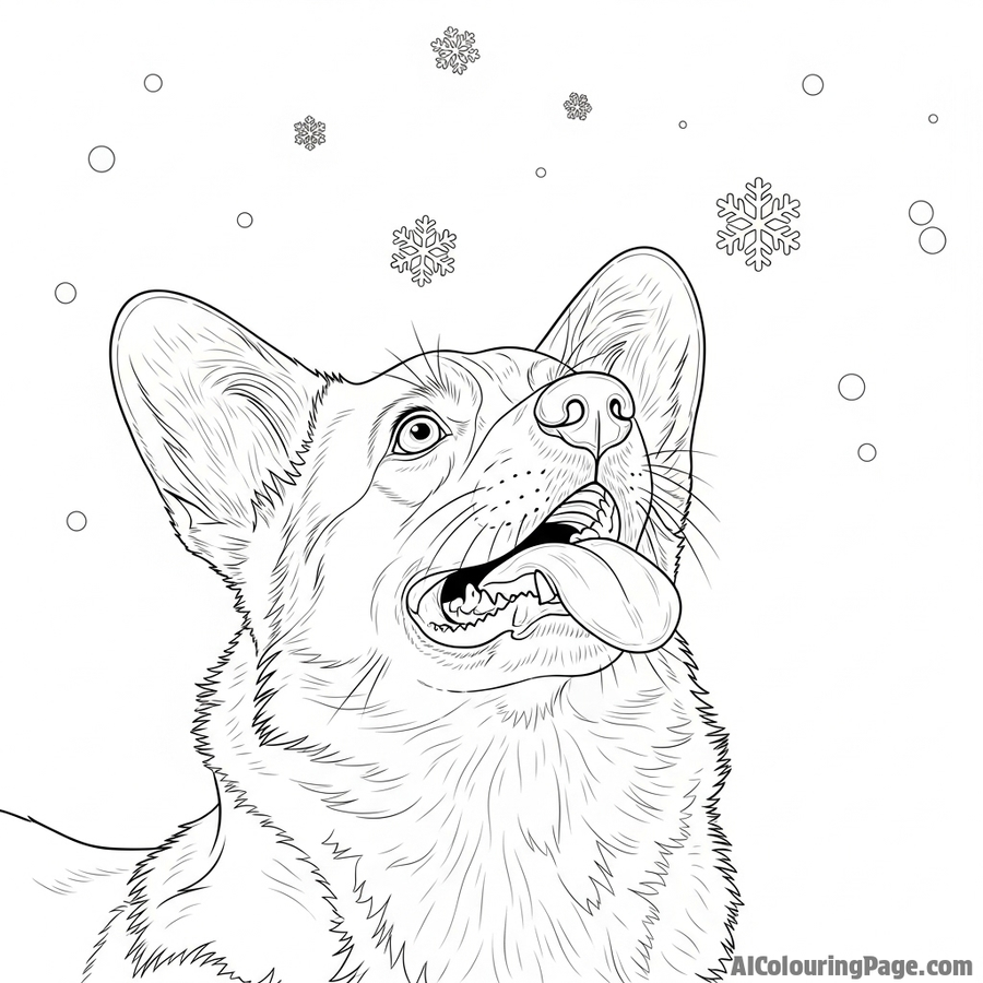 A close-up shot of a corgi trying to catch snowflakes on its tongue.