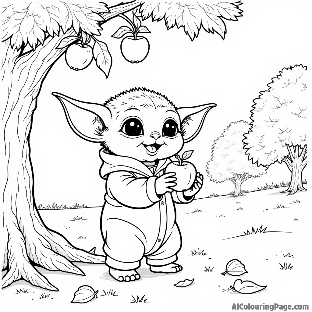 Baby Yoda picking apples from a tree in an orchard during autumn