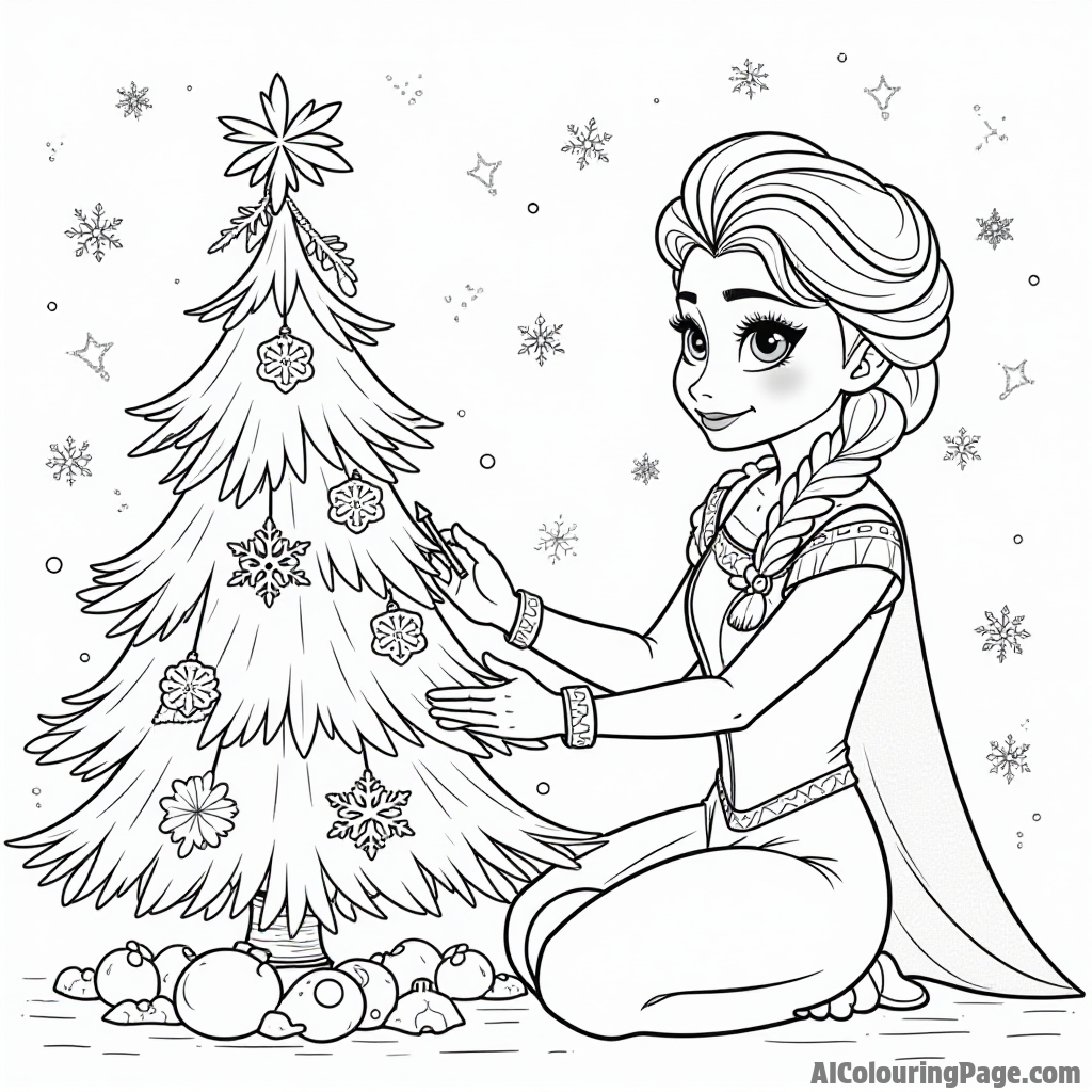 Elsa crafting snowflake ornaments for a festive tree