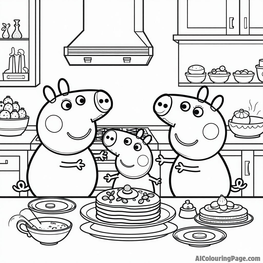 Peppa Pig and her family preparing a delicious breakfast in the kitchen with pancakes, fruits, and colorful dishes everywhere.