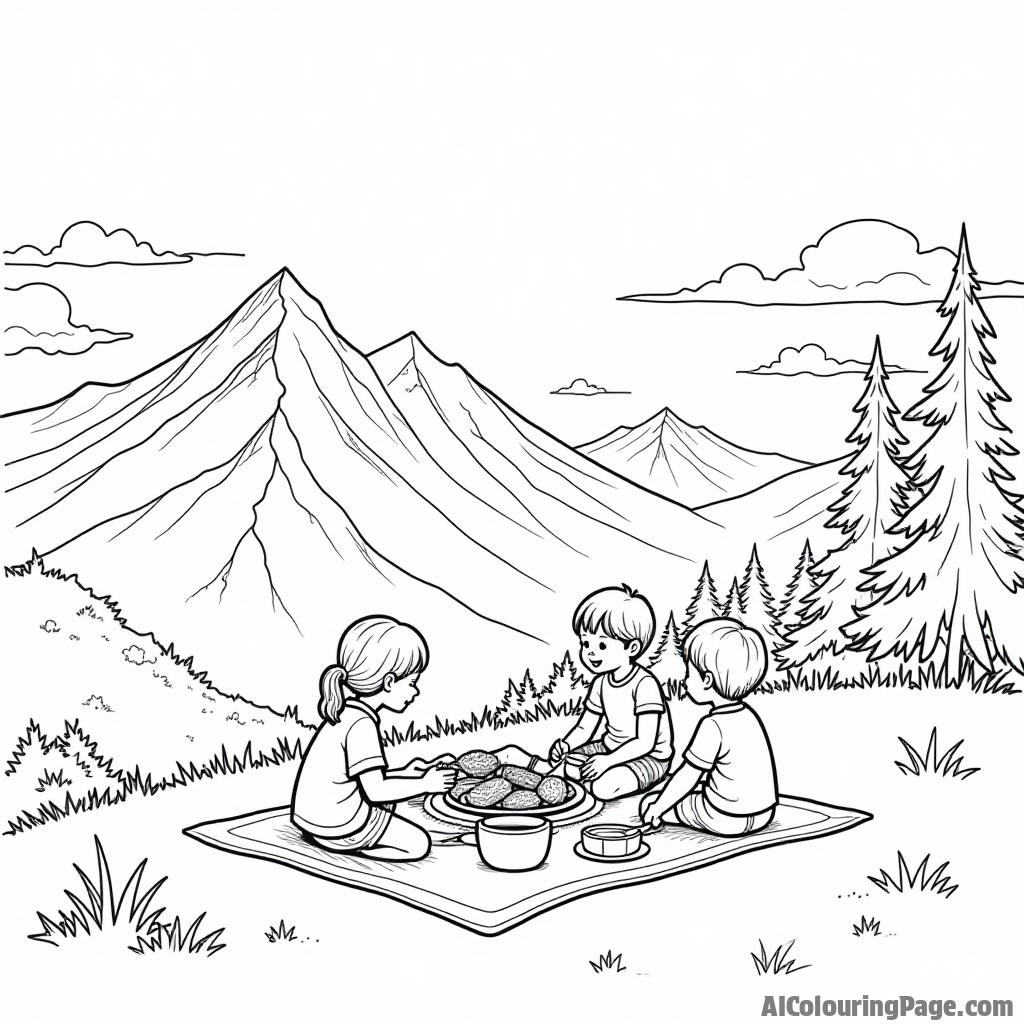 A group of children having a picnic on a grassy mountain slope, with a view of distant peaks and clouds.