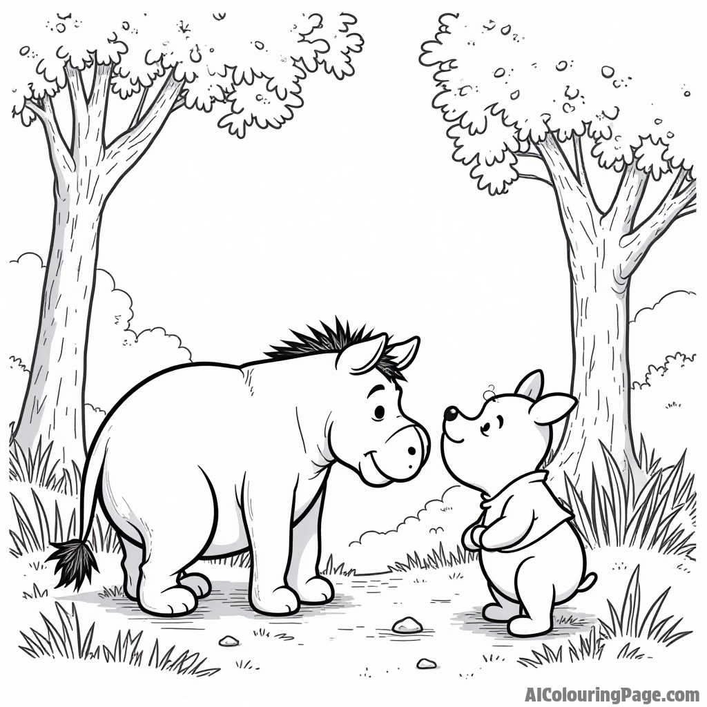 Eeyore searching for his tail in the woods, with Pooh offering help and Piglet looking on with concern.