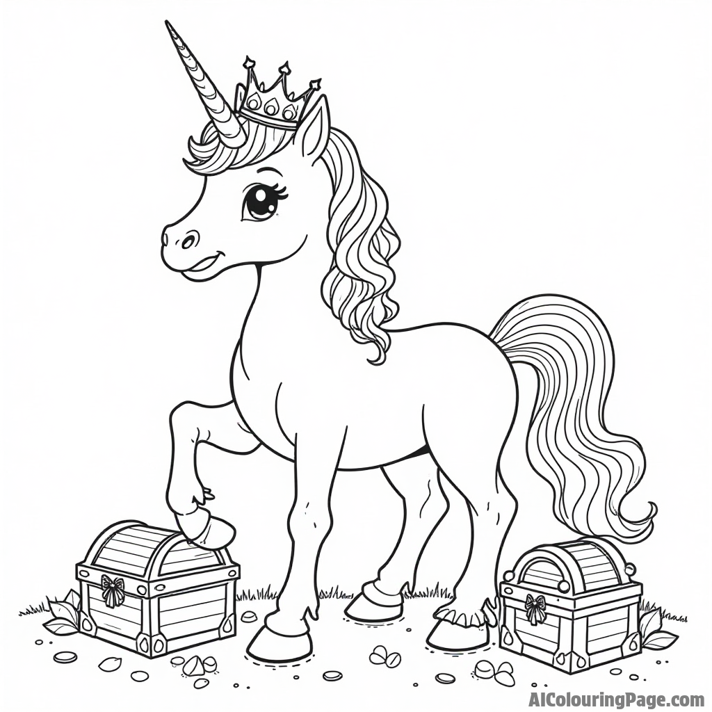 A unicorn wearing a crown surrounded by sparkling jewels and treasure chests, inviting kids to color a royal fantasy scene.