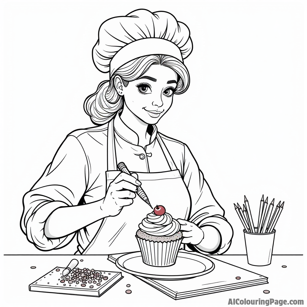 A cupcake chef creating unique cupcake designs, surrounded by frosting tools, sprinkles, and a notepad full of ideas.