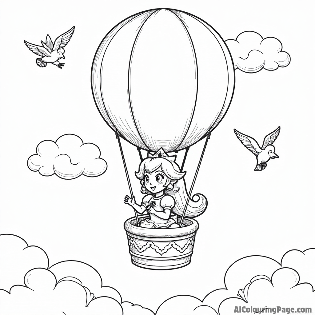 Princess Peach flying in a hot air balloon surrounded by clouds and birds.