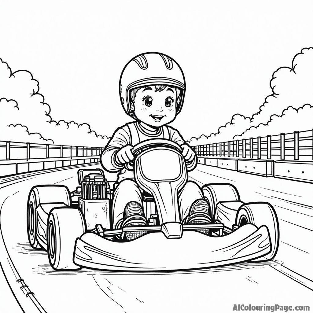 A young racer practicing on a go-kart track, with cones and obstacles, promoting the joy of racing and practice in a fun coloring page for kids.