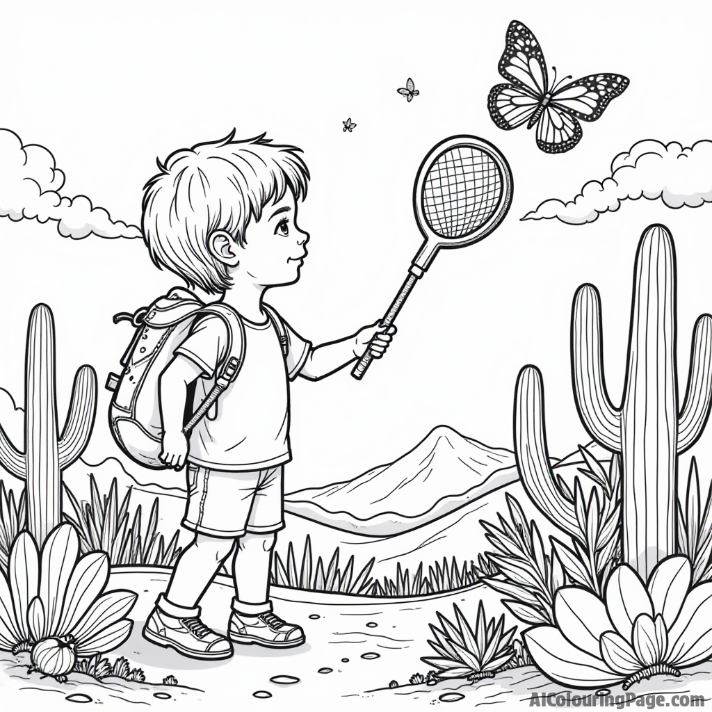 A child with a butterfly net chasing colorful butterflies in a desert garden, surrounded by various desert plants and flowers, showcasing the beauty of exploration in a fun and engaging scene.