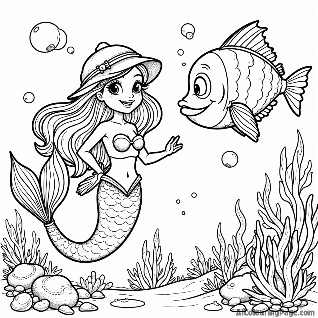 A mermaid and a fish detective solving mysteries together amidst a backdrop of hidden treasures and curious sea creatures.