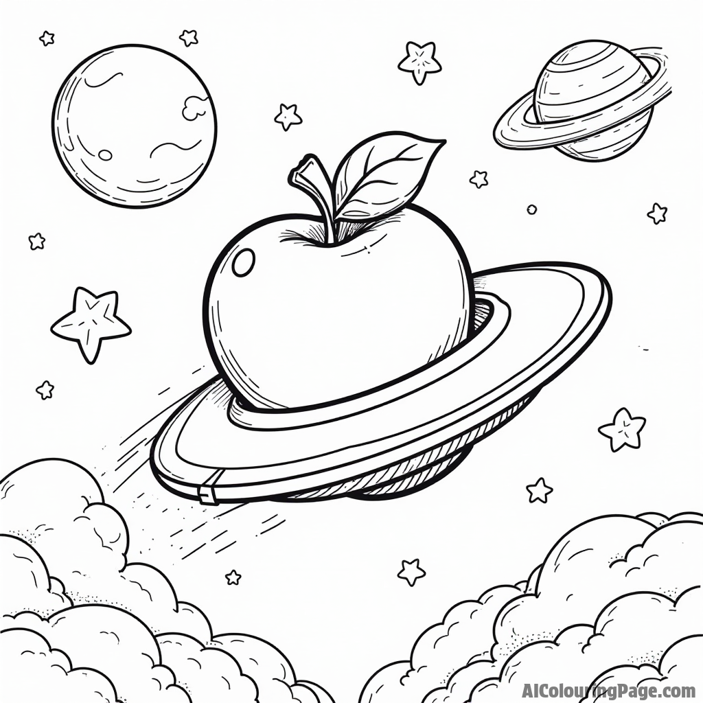 A cartoon apple spaceship flying through the sky, with stars and planets made of fruits in the background.