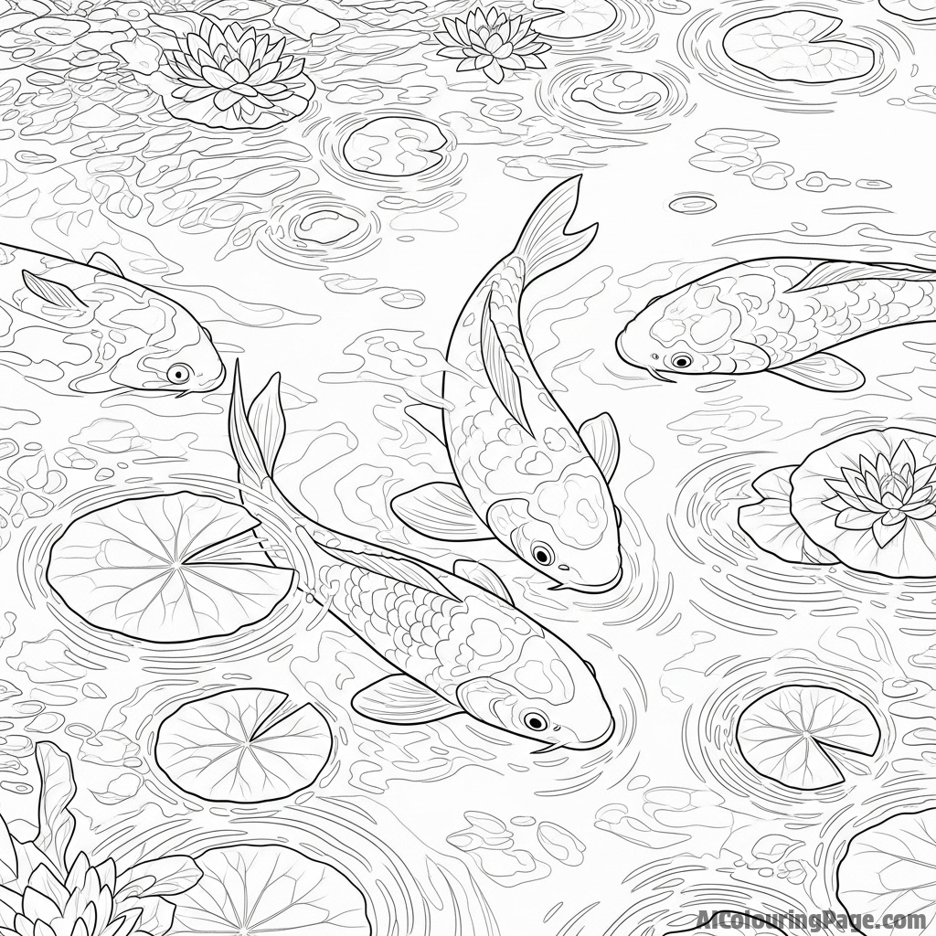 An impressionistic oil painting of a koi pond, focusing on the texture of light on water.