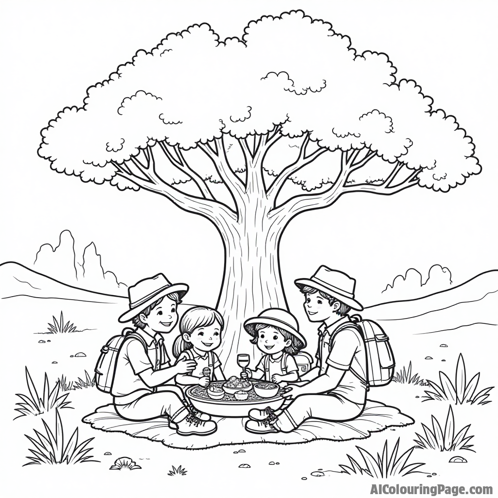 A family of explorers enjoying a picnic under a large desert tree, surrounded by fun wildlife like birds and squirrels, creating a heartwarming adventure scene for children to bring to life.