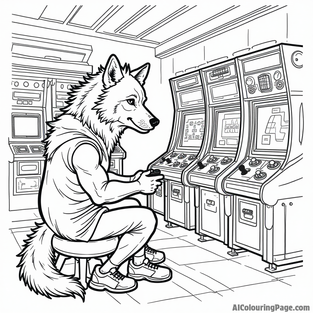 A werewolf playing video games with friends in a futuristic arcade filled with neon lights and exciting machines.