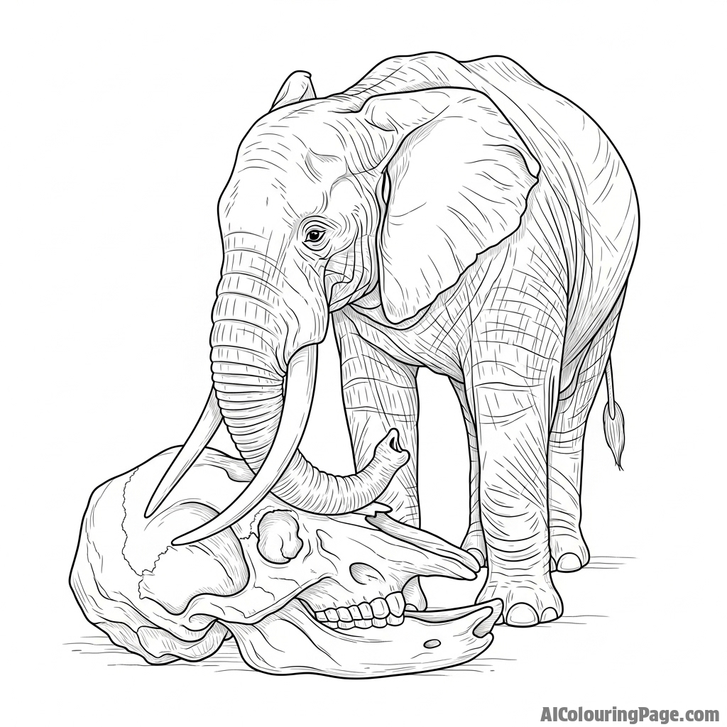 A matriarch elephant touching the skull of an ancestor with her trunk.